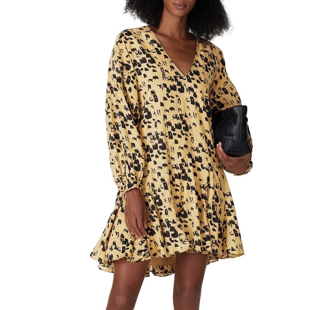 NWOT Anine Bing Peyton Painterly Leo Print Cotton Ruffle Mini Dress Tan Black S